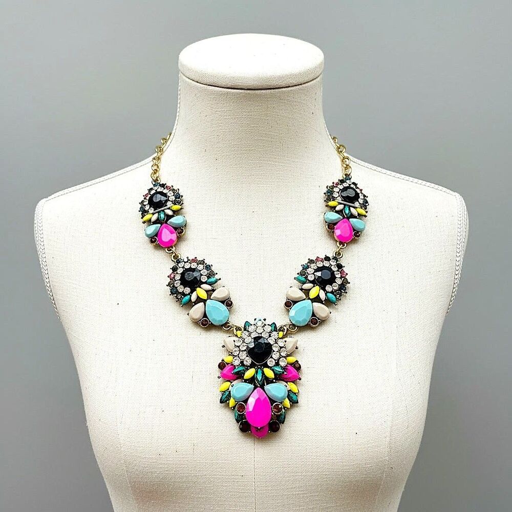 Vintage Neon Pink Turquoise Cabochon Rhinestone Chunky Bib Statement Necklace